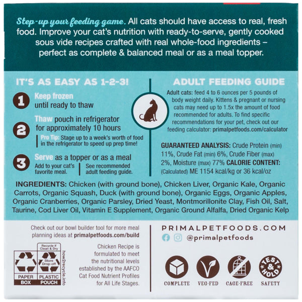 Primal Recette poulet et canard doucement cuite sous vide nourriture surgelée pour chat, 4 oz