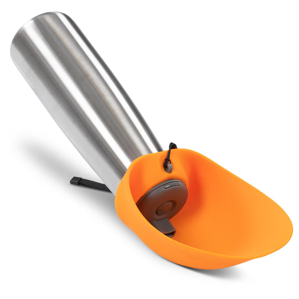 Messy Mutts Bouteille d'eau de voyage en acier inoxydable à double paroi avec bol rabattable en silicone pour chiens Orange