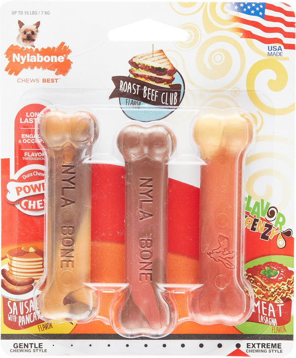 Nylabone DuraChew Flavor Frenzy Triple Pack Pancakes, Roast Beef Club, & Meat Lasagna Flavored Bone Dog Toys, Petite