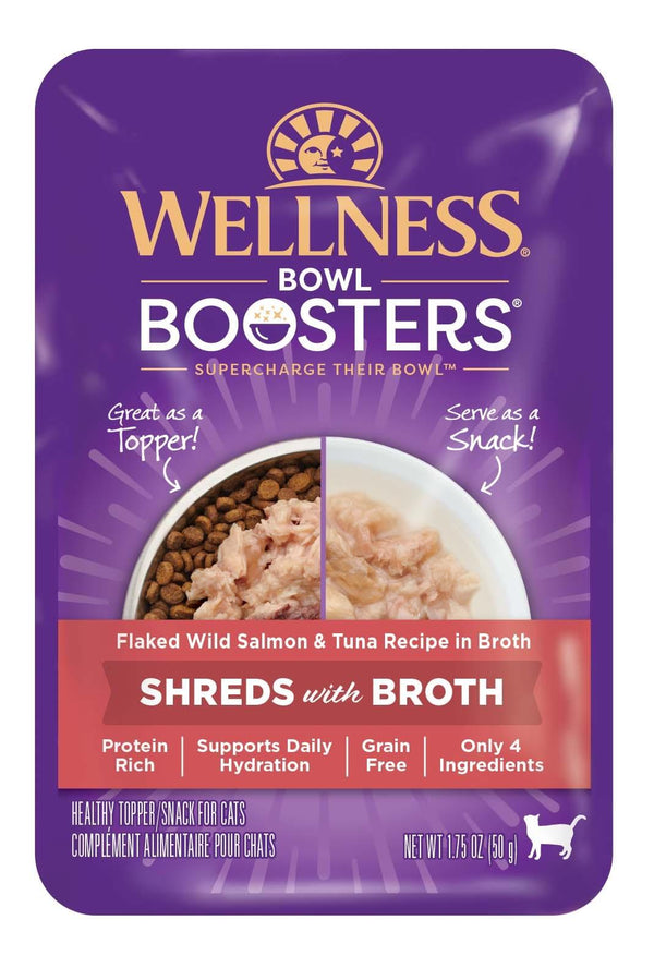 Wellness Bowl Boosters Émincés avec bouillon Saumon sauvage émietté & Thon au bouillon pour chats