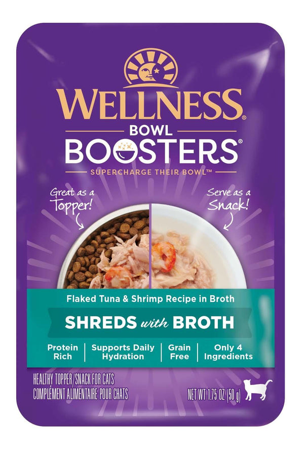 Wellness Bowl Boosters Émincés avec bouillon Thon émietté & Crevettes au bouillon pour chats