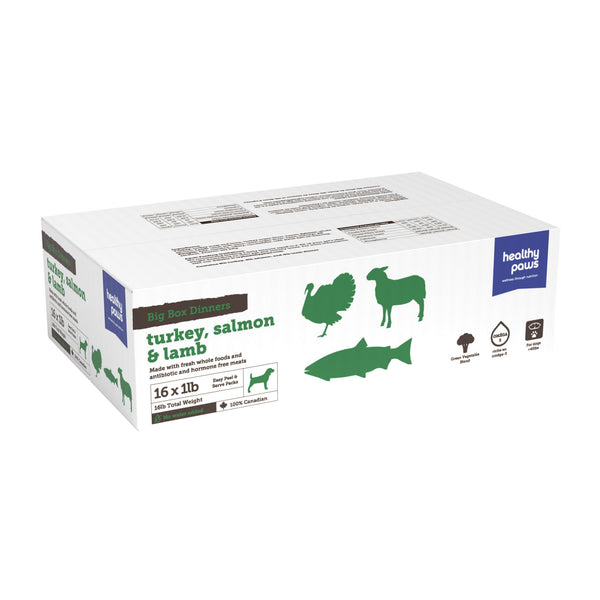Healthy Paws Big Box Dinners Assortiment Dinde, Saumon, Agneau & légumes Nourriture crue congelée pour chiens
