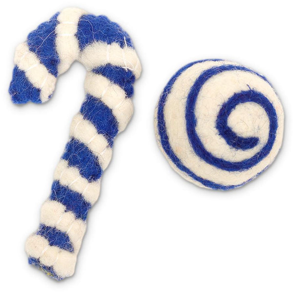Dharma Dog Karma Cat Holiday Ball & Cane Wool Cat Toy, Blue