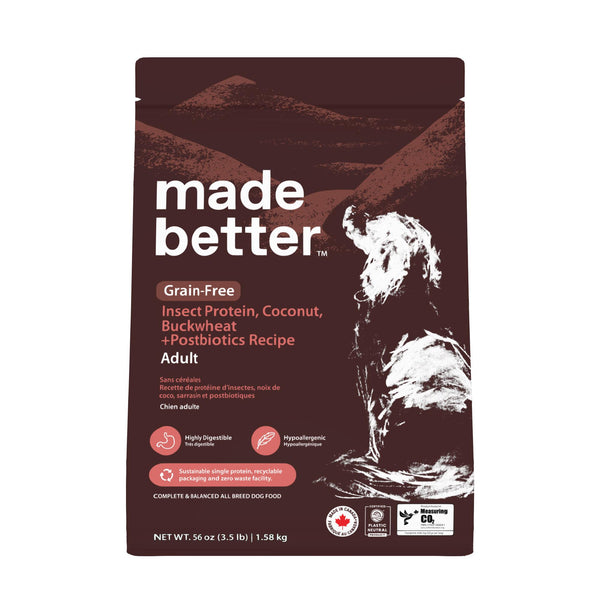 Made Better Nourriture sèche sans céréales pour chiens adultes, Protéines d'insectes, Noix de coco, Sarrasin + Postbiotiques