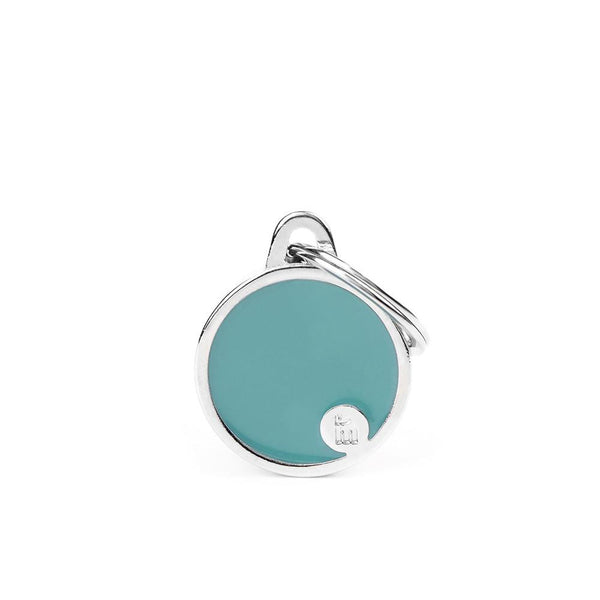 MyFamily Médaille d'identification pour animaux basique faite main, ronde, bleu clair