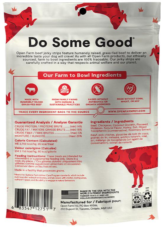 Open Farm Lanières Jerky Friandises sans céréales Recette au bœuf nourri à l'herbe