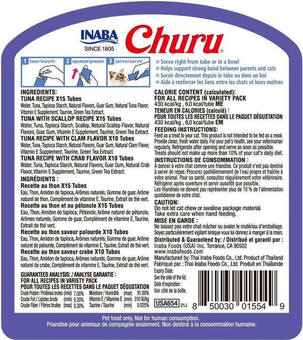 INABA Churu Pack varié de purées crémeuses Thon & Fruits de mer pour chats sans céréales