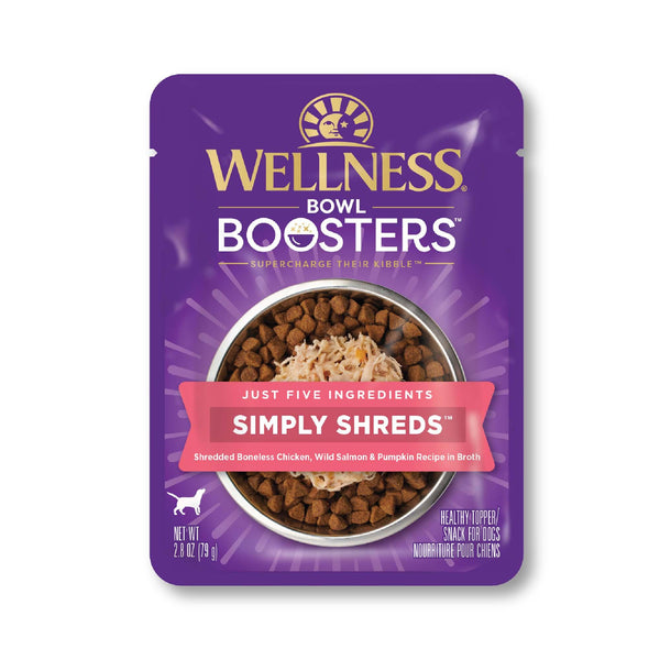Wellness CORE Simply Shreds Poulet, Saumon Sauvage et Citrouille Sans céréales Garniture humide pour chien, 2.8 oz