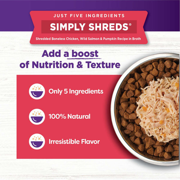 Wellness CORE Simply Shreds Poulet, Saumon Sauvage et Citrouille Sans céréales Garniture humide pour chien, 2.8 oz