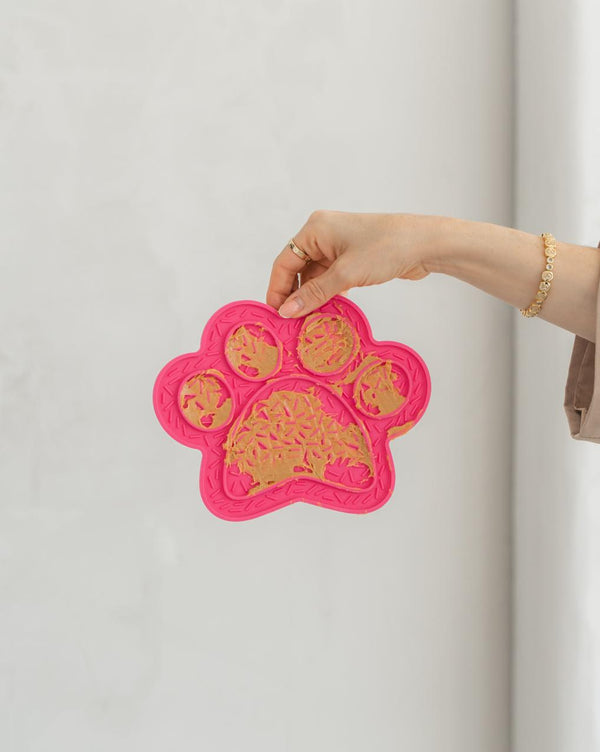 Dexypaws Paw Print Enrichment Licking Mat Dog Slow Feeder, Hot Pink