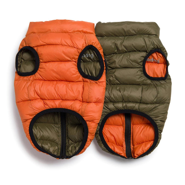 fabdog Pack N' Go Reversible Puffer Dog Coat, Olive/Orange