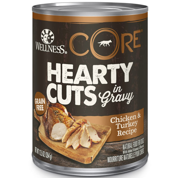 Wellness CORE Hearty Cuts en sauce Poulet & Dinde Nourriture humide sans céréales pour chiens Conserves