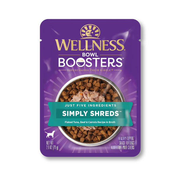 Wellness CORE Simply Shreds Sans céréales Thon, Boeuf et Carottes Garniture humide pour chiens, 2,8 oz