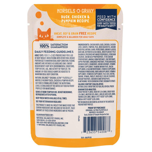 Natural Balance Original Ultra Platefulls Recette Canard, Poulet et Citrouille Morceaux en Sauce Poches de nourriture humide pour chats