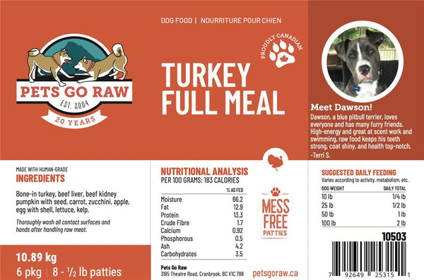 Pets Go Raw Galettes surgelées Turkey Full Meal pour chiens