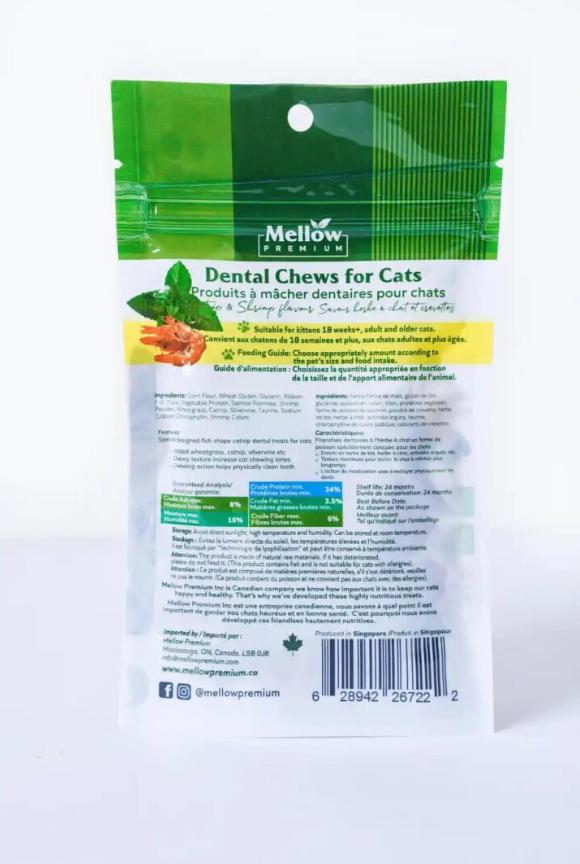 Mellow Premium Dental Chews Catnip & Shrimp Cat Treats