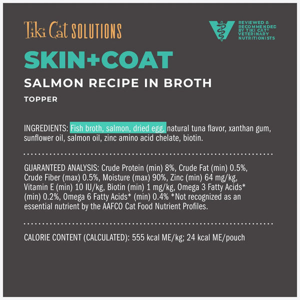 Tiki Cat Solutions Skin + Coat Topper Salmon in Broth Multi-Pack Wet Cat Food Topper Pouch