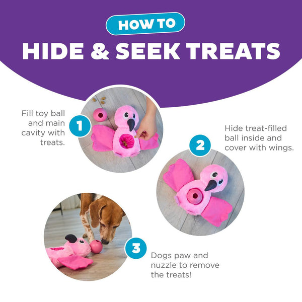 Outward Hound Hide-Ablez Flamingo Plush Puzzle with Treat Ball Dog Toy, Pink