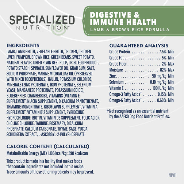Natural Balance Specialized Nutrition Digestive & Immune Lamb & Brown Rice Wet Dog Food Can