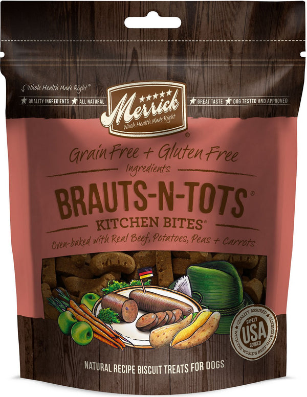 Merrick Kitchen Bites Brauts-n-Tots Biscuits Sans céréales pour chiens, 9 oz