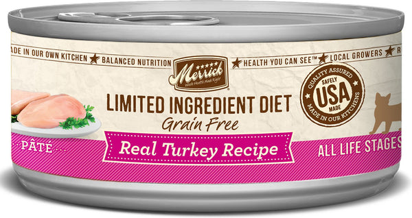 Merrick Régime à ingrédients limités Pâté de dinde réel Sans céréales Alimentation humide pour chats en conserve
