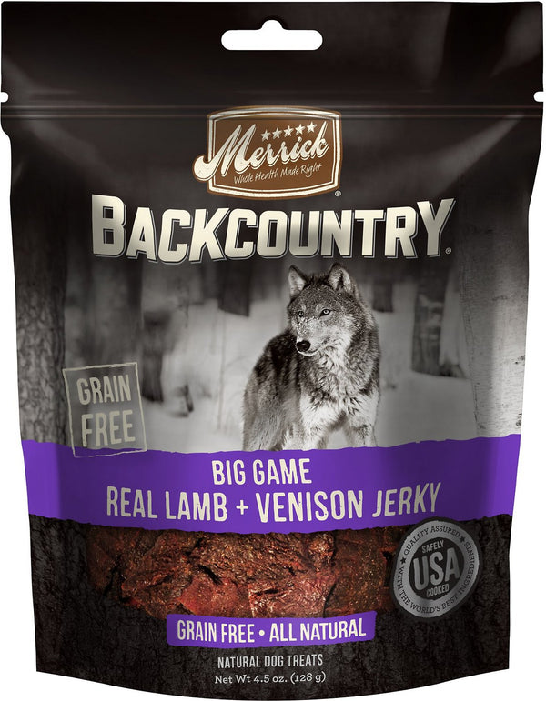 Merrick Backcountry Big Game Real Lamb & Venison Jerky Grain-Free Dog Treats, 4.5-oz