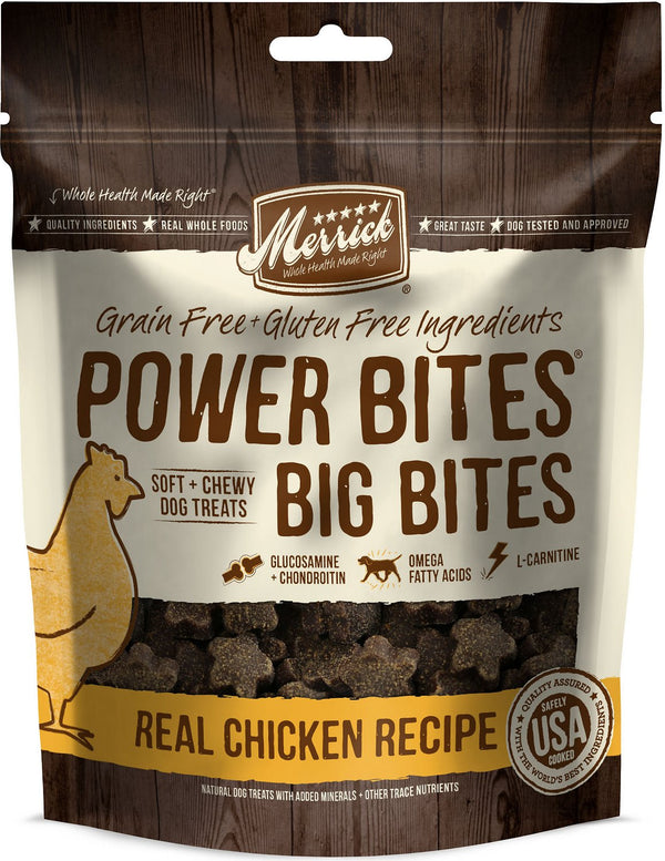 Merrick Power Bites Grandes bouchées Recette au vrai poulet Friandises molles et moelleuses sans céréales pour chiens, 6 oz