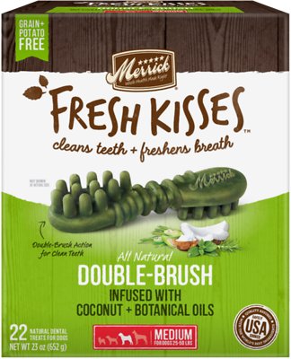 Merrick Fresh Kisses Double-Brush Huile de coco et botaniques Croquettes dentaires sans céréales pour chiens de taille moyenne