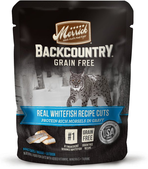 Merrick Backcountry Morsels Sans céréales en Sauce Recette Véritable Poisson blanc Coupes en Sachets pour chats