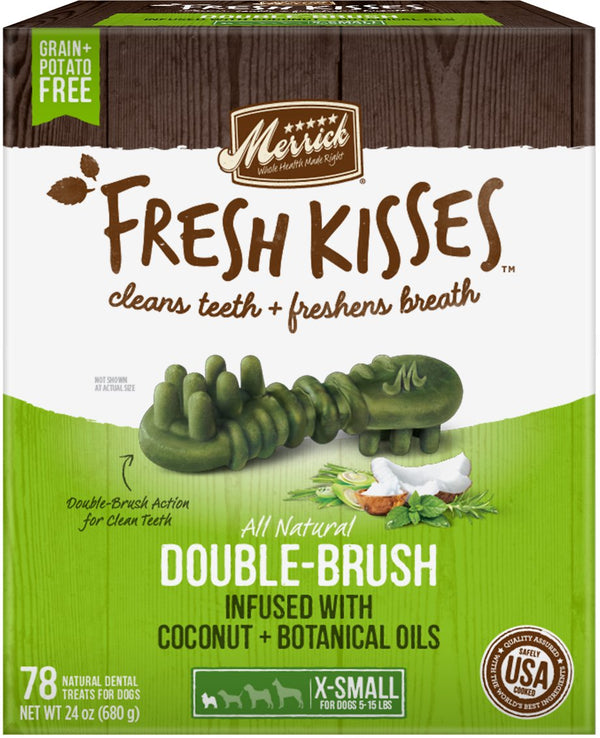Merrick Fresh Kisses Double-Brush Huile de coco et botanique Croquettes dentaires sans céréales extra petites pour chiens