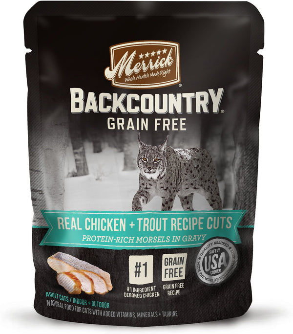 Merrick Backcountry Recette sans céréales au vrai poulet et truite Morceaux en sauce Nourriture humide pour chat en sachets