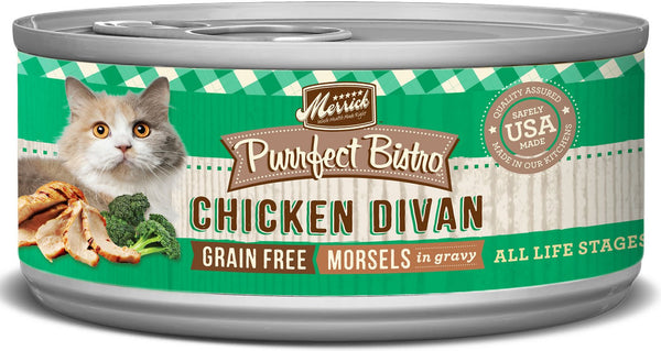 Merrick Purrfect Bistro Morsels Chicken Divan Sans céréales en sauce Nourriture humide pour chats en conserve