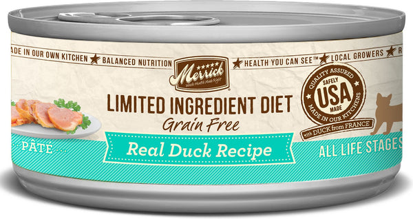 Merrick Régime à ingrédients limités Pâté de canard véritable sans céréales Nourriture humide pour chats en conserve