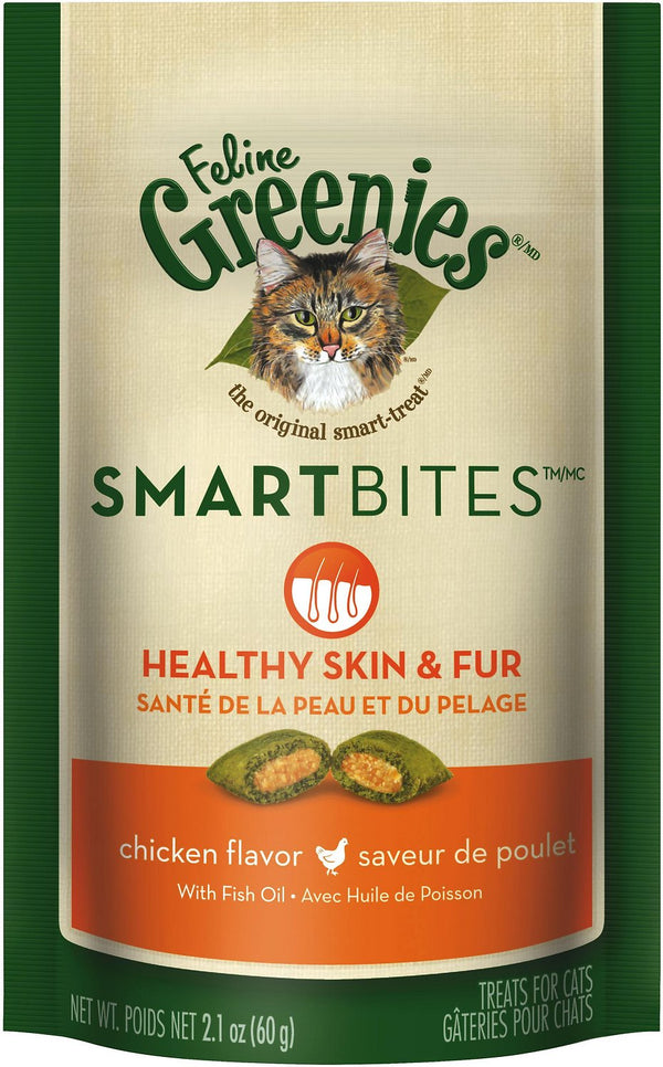Feline Greenies SmartBites Friandises pour chats saveur poulet pour peau et pelage en bonne santé, 2,1 oz