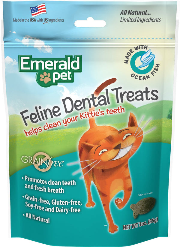 Friandises dentaires Emerald Pet Feline avec friandises pour chat Ocean Fish, sac de 3 oz