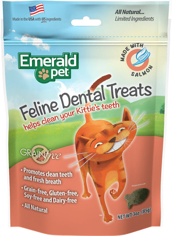 Friandises dentaires Emerald Pet Feline avec friandises pour chat au saumon, sac de 3 oz