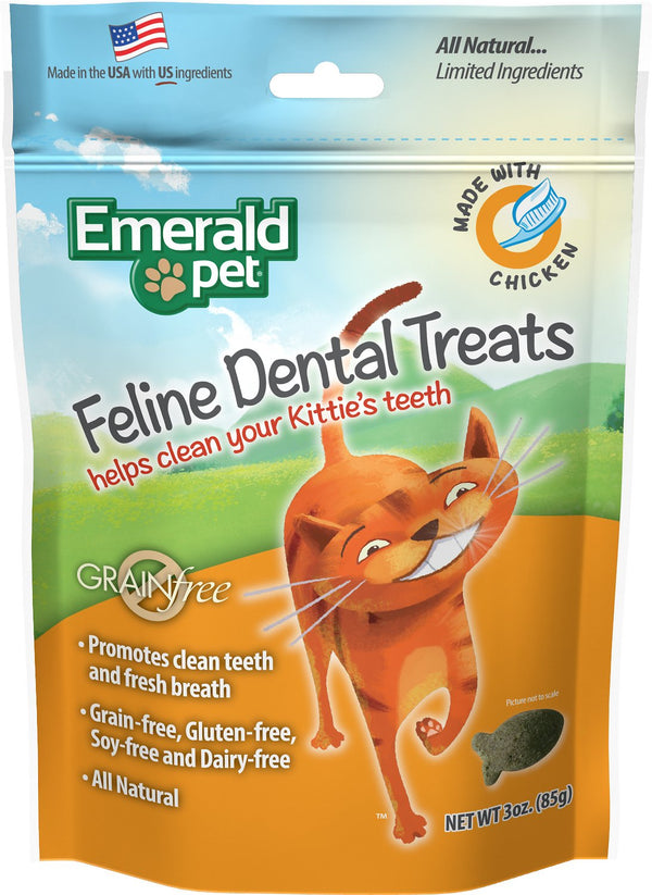Friandises dentaires Emerald Pet Feline avec friandises pour chat au poulet, sac de 3 oz