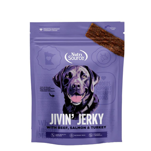 NutriSource Jivin' Jerky Beef, Salmon & Turkey Dog Treats, 4-oz