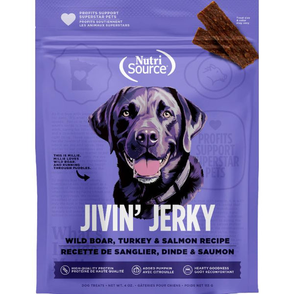 NutriSource Jivin' Jerky Wild Boar, Turkey & Salmon Dog Treats, 4-oz