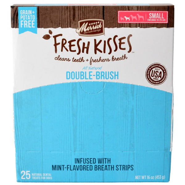 Merrick Fresh Kisses Petites Friandises dentaires sans céréales pour chiens, bandes à double brossage à la menthe fraîche