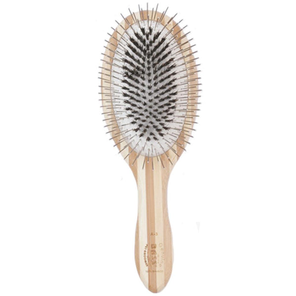 Bass Brushes Shine & Condition with Natural Bristle + Alloy Pin & Bamboo Handle Oval Pet Brush, Dark/ Stripped, Large