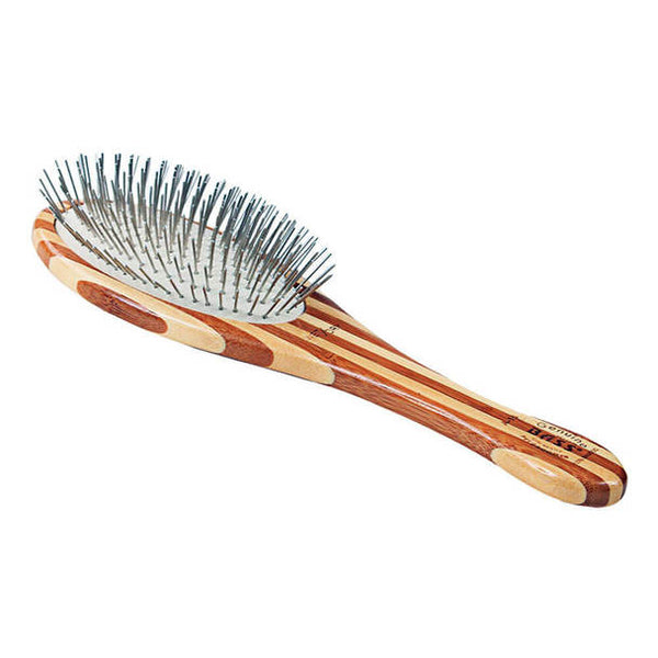 Bass Brushes Style & Detangle with Alloy Pin & Bamboo Handle Oval Pet Brush, Dark/ Stripped, Large