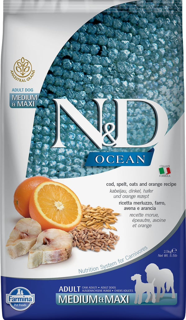 Farmina N&D Ocean Cod, Spelt, Oats & Orange Medium & Maxi Adult Dry Dog Food
