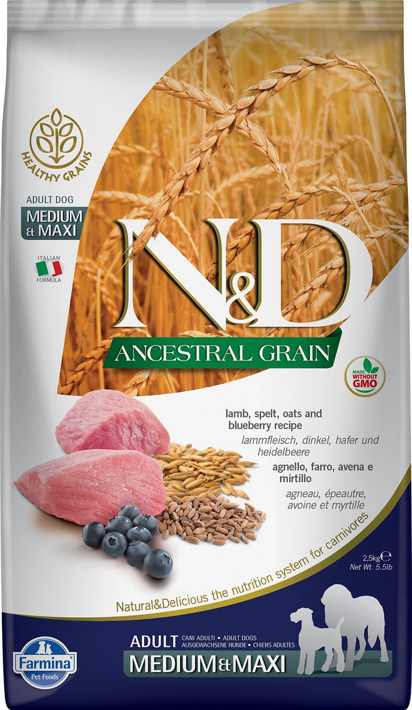 Farmina N&D Ancestral Grain Agneau & Myrtille Croquettes adultes Medium & Maxi