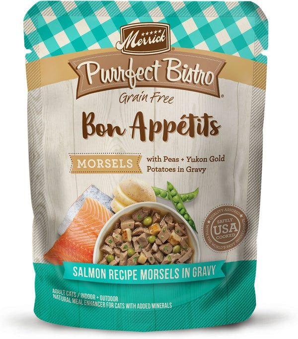 Merrick Purrfect Bistro Bon Appetits Sans céréales Morsels saumon en sauce Nourriture adulte en sachets pour chats