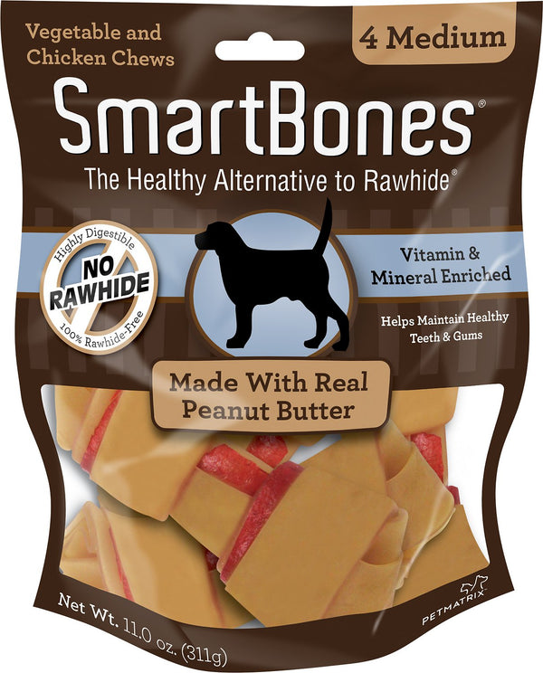 SmartBones Os à mâcher moyen au beurre de cacahuète Friandises pour chiens, pack de 4