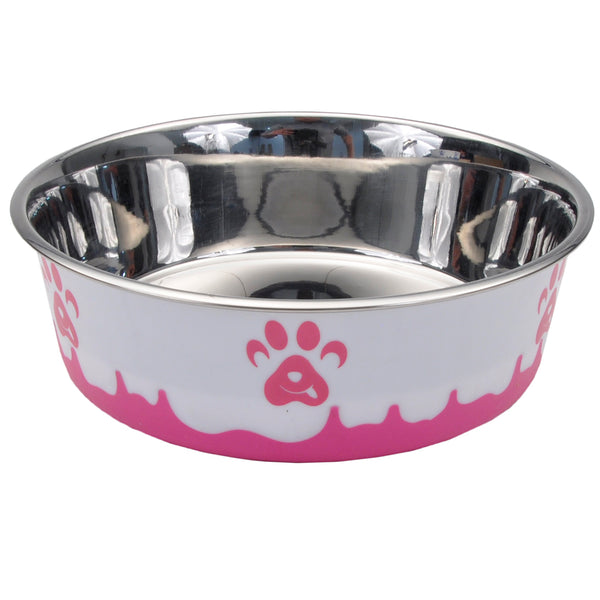 Coastal Maslow Non-Skid Paw Design Dog Bowl, Pink/White