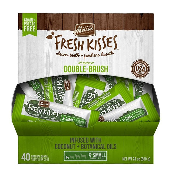 Merrick Fresh Kisses Double-Brush Huile de coco et botanique Croquettes dentaires sans céréales extra petites pour chiens