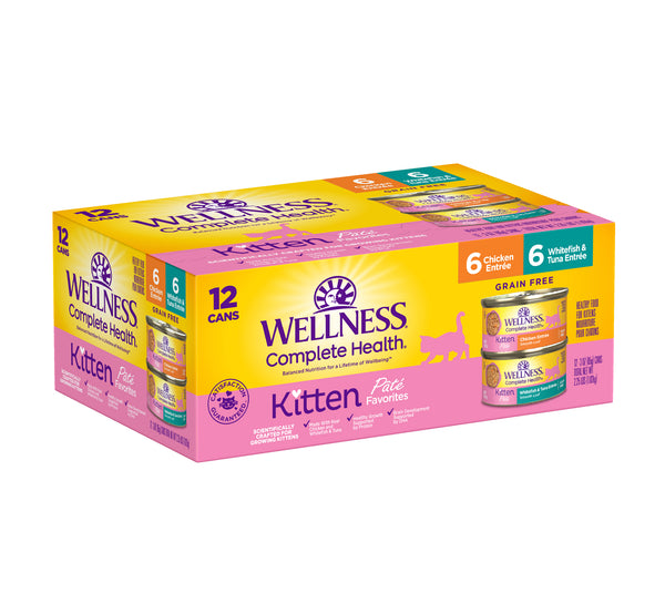 Wellness Complete Health Kitten Pâté Variété Pack Boîtes alimentaires humides pour chatons, 3-oz, pack de 12