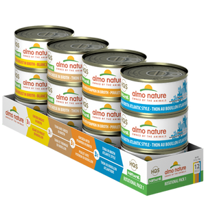 Almo Nature HQS Natural Chicken Breast, Tuna & Cheese, Chicken with Pumpkin, Atlantic Tuna Rotational Pack Adult Grain-Free Wet Cat Food, 2.47-oz, 12-pack